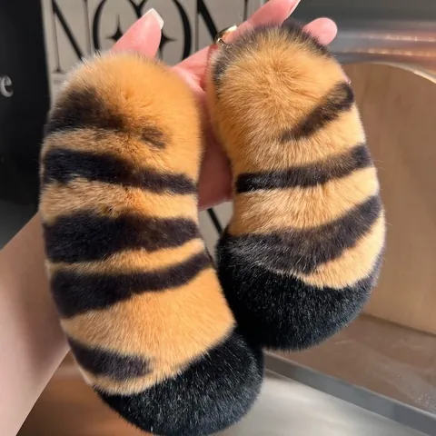 Cute Tiger Tail Plush Keychain Real Rex Rabbit Fur Bag Charm Car Key Ring Furry Animal Tail Pendant For Women Girls Jewelry