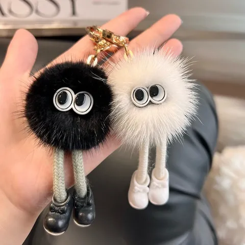 Cute Mink Fur Long Leg Monster Keychain Plush Pom Pom Bag Charm Pendant Big Eyes Toy For Women Girls Backpack Ornament Gift