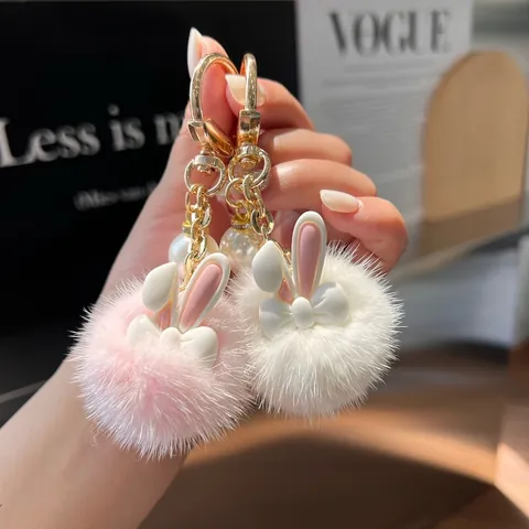 Simpatico Portachiavi con Pompon in Peluche di Coniglio con Perla Artificial Sintetica Catena in Metallo Ciondolo per Borsa da Donna