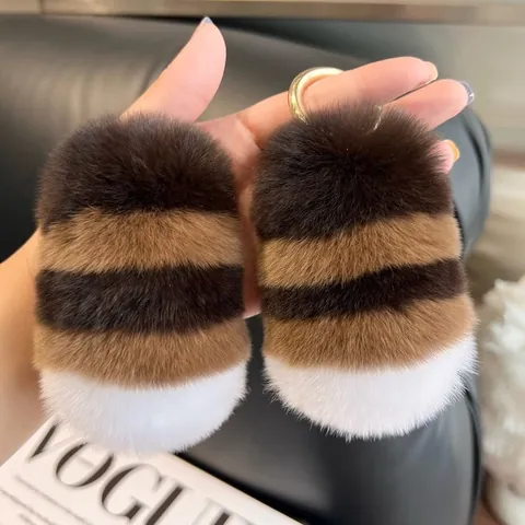 Handmade Striped Real Rex Rabbit Fur Tail Keychain For Women Car Keys Cute Plush Pendant Fashion Bag Charm Decoration Gift