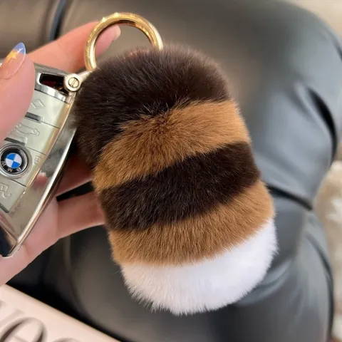 Handmade Striped Real Rex Rabbit Fur Tail Keychain For Women Car Keys Cute Plush Pendant Fashion Bag Charm Decoration Gift
