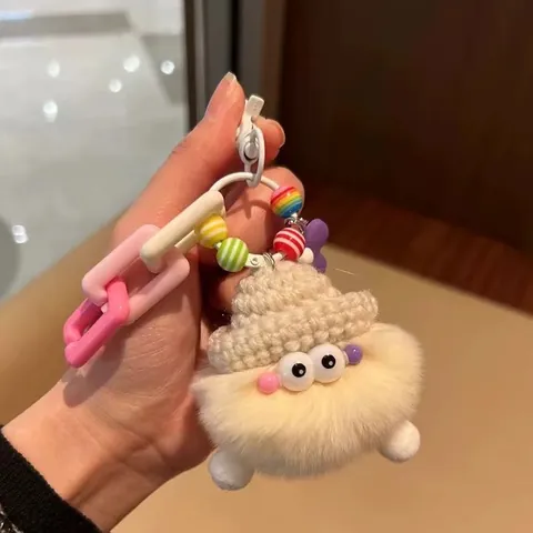Cute Rex Rabbit Fur Soot Sprite Plush Keychain Kawaii Soft Pompom Bag Charm With Knitted Hat For Women Girls Backpack Accessory