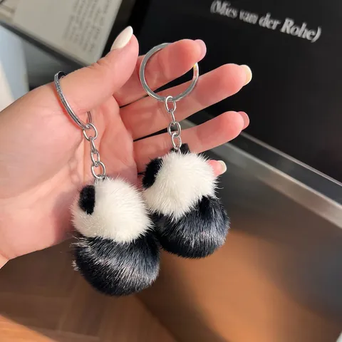 Genuine Mink Fur Panda Keychain Cute Plush Animal Bag Charm Metal Key Ring Accessory For Women Girls Kids Gift