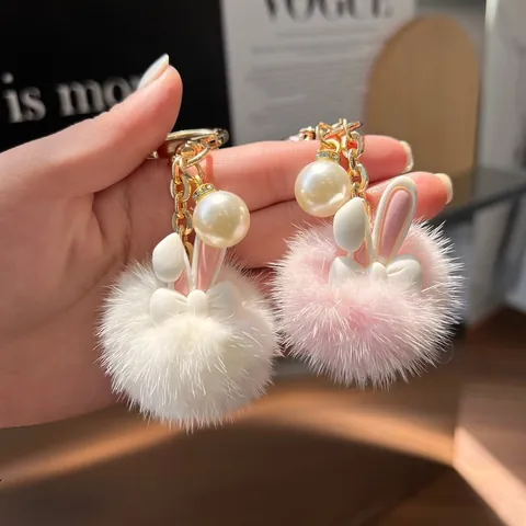Simpatico Portachiavi con Pompon in Peluche di Coniglio con Perla Artificial Sintetica Catena in Metallo Ciondolo per Borsa da Donna