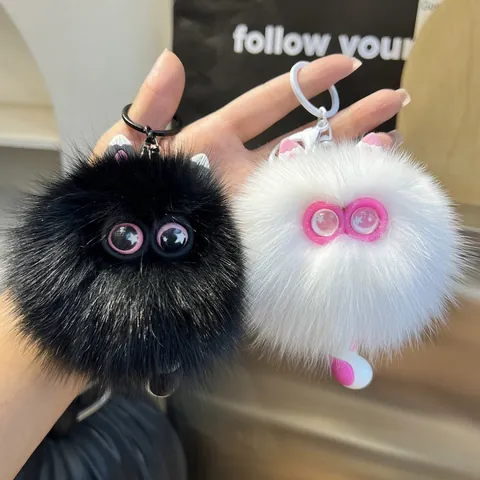 Cute Real Fox Fur Cat Keychain Plush Pompom Ball Monster With Star Eyes For Women Bag Car Ornament Key Ring Gift