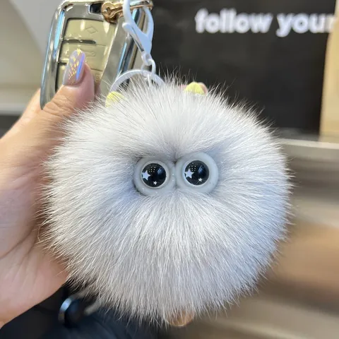 Cute Real Fox Fur Cat Keychain Plush Pompom Ball Monster With Star Eyes For Women Bag Car Ornament Key Ring Gift