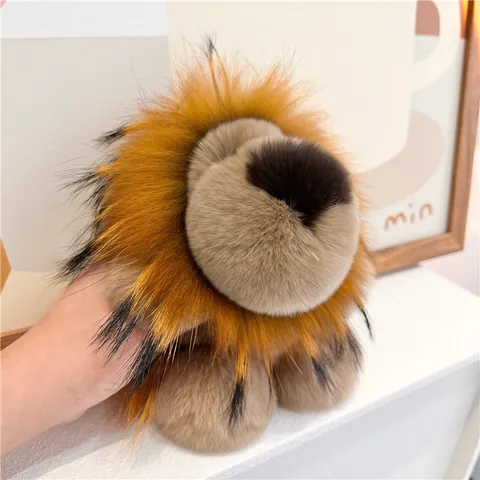 Simpatico Portachiavi a Forma di Leone in Peluche Vera Pelliccia di Coniglio Rex e Cane Procione Bambola Morbida Ornamento Borsa Regalo