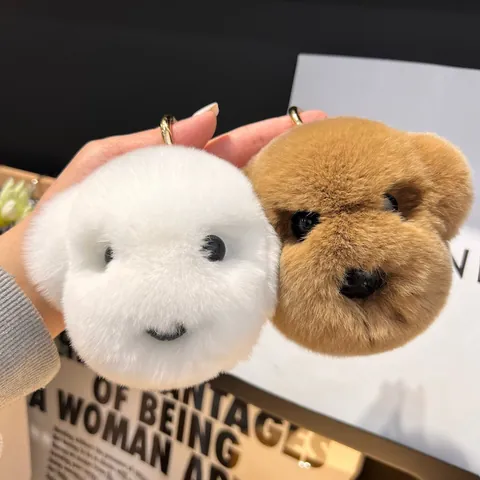 Porte-clés en Fourrure de Lapin Rex Tête de Chien Mignon de Luxe Charme de Sac en Peluche Petit Chiot Teddy Porte-clés Animal pour Femme Fille Bijou