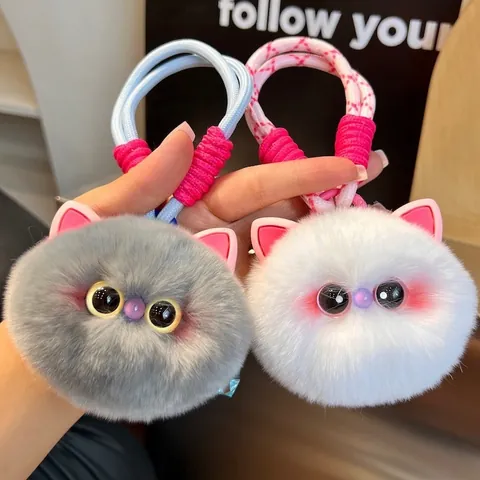 Cute Cat Head Rex Rabbit Fur Keychain Plush Ball Bag Charm With Braided Rope For Women Kids Keychain Ornament