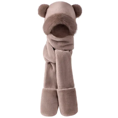 Women Winter Faux Rabbit Fur Integrated Hat Scarf And Gloves Bear Ears Thick Plush Warm Hooded Scarf With Hand Pockets