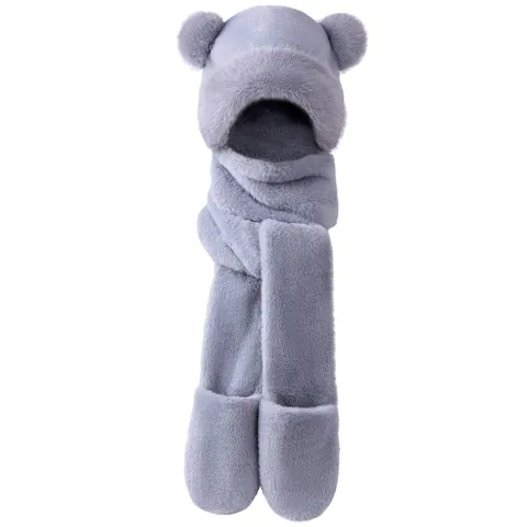 Women Winter Faux Rabbit Fur Integrated Hat Scarf And Gloves Bear Ears Thick Plush Warm Hooded Scarf With Hand Pockets
