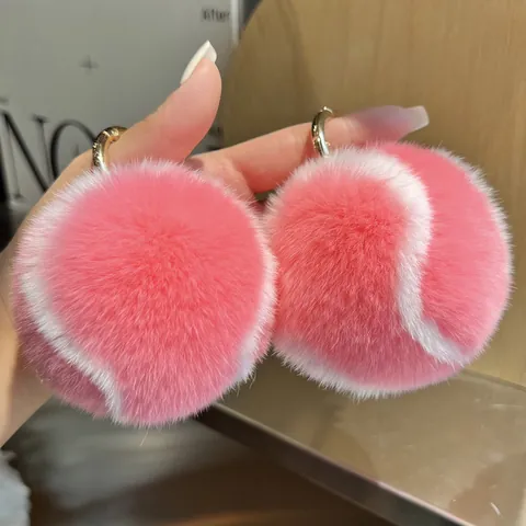 Niedliche Rosa Weiße Tennisball Schlüsselanhänger Echt Rex Kaninchenfell Plüschball Tasche Anhänger Gold Metallring Geschenk