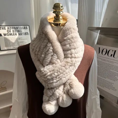Luxury Faux Rex Rabbit Fur Woven Scarf For Women Thickened Warm Neck Warmer With Pom Pom Winter Elegant Solid Color Soft Scarf
