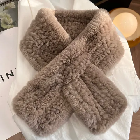 Women's Real Rex Rabbit Fur Scarf Plush Thickened Warm Cross Muffler Korean Style Solid Color Neck Warmer For Winter Outdoor