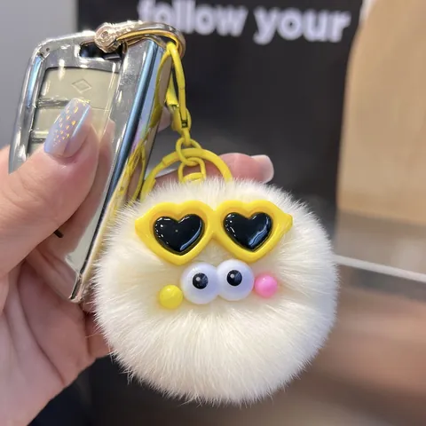 Cute Rex Rabbit Fur Coal Ball Keychain Heart Sunglasses Large Eyes Monster Plush Ball Bag Pendant Car Keyring Gift