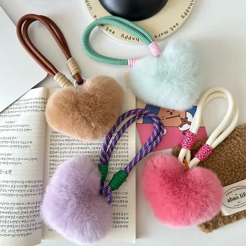 Heart Shaped Rex Rabbit Fur Plush Keychain Girly Bag Pendant Woven Rope Heart Bag Charm Car Key Ring Gift For Women