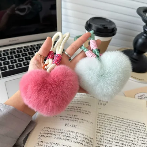 Heart Shaped Rex Rabbit Fur Plush Keychain Girly Bag Pendant Woven Rope Heart Bag Charm Car Key Ring Gift For Women