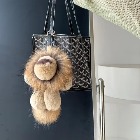 Cute Plush Lion Bag Charm Genuine Rex Rabbit Fur Raccoon Hair Keychain For Women Fluffy Animal Pendant Handbag Decoration