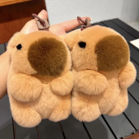 Cute Handmade Rex Rabbit Fur Capybara Keychain Soft Plush Animal Bag Pendant Accessory For Car Keys Backpack Women Girls