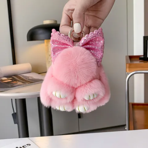 Simpatico Portachiavi a Forma di Coniglio in Similpelo Ciondolo in Peluche per Borsa con Fiocco Luccicante Portachiavi per Auto Donna Bambini