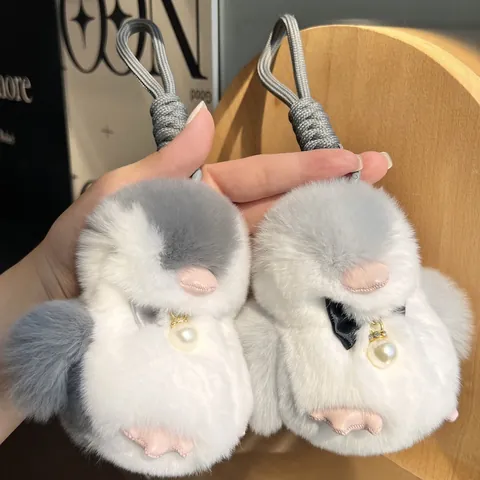 Cute Penguin Plush Keychain Real Rabbit Fur Soft Animal Doll With Faux Pearl Bowknot Bag Charm Pendant Decoration Gift