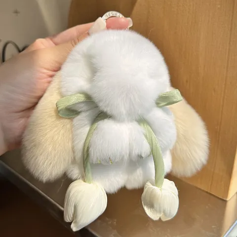 Cute Rex Rabbit Fur Bunny Keychain With Tulip Flower Charm Rhinestone Metal Ring Plush Animal Bag Pendant For Women Girls Gift