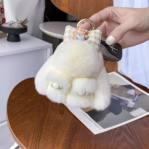 Lindo Llavero de Conejo de Pelo de Conejo Rex Para Mujeres Niñas Colgante de Mochila Con Lazo y Adorno de Oso Regalo