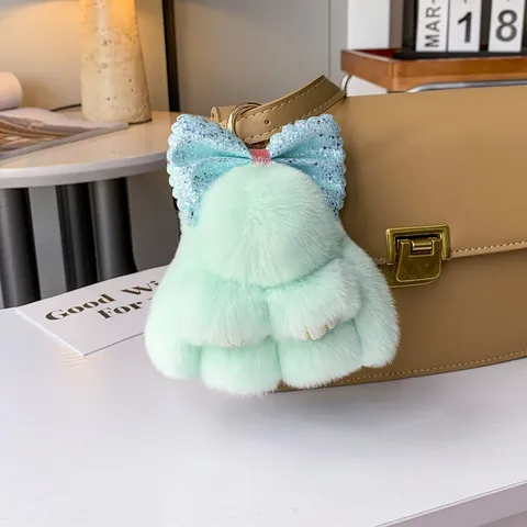 Simpatico Portachiavi a Forma di Coniglio in Similpelo Ciondolo in Peluche per Borsa con Fiocco Luccicante Portachiavi per Auto Donna Bambini