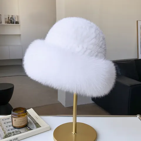 Cappello a Secchiello in Pelliccia di Visone e Volpe Donna Invernale Caldo Peluche Tessuto a Mano Elegante Lusso