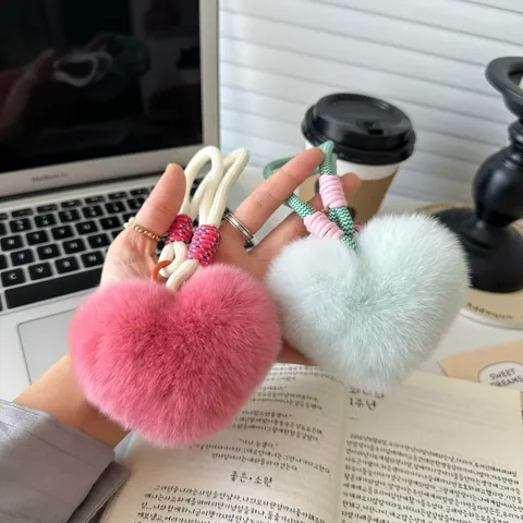 Cute Heart Shaped Rex Rabbit Fur Keychain Plush Heart Bag Charm For Women Girls Gift Car Key Pendant Accessory