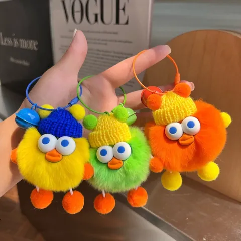 Cute Plush Little Duck Monster Keychain Pendant With Knitted Hat And Bell Real Rex Rabbit Fur Bag Charm For Women Kids