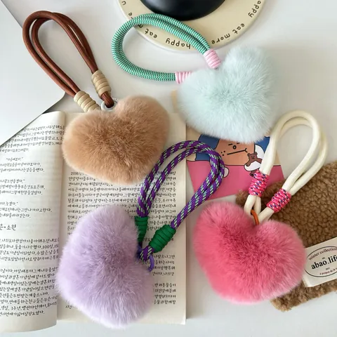Cute Heart Shaped Rex Rabbit Fur Keychain Plush Heart Bag Charm For Women Girls Gift Car Key Pendant Accessory