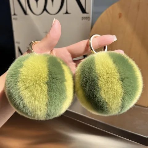 Echt Rex Konijnenbont Watermeloen Pompon Sleutelhanger Gestreept Pluizige Bal Tas Charm Handgeweven Lanyard Auto Sleutelring Rugzak Ornament Cadeau