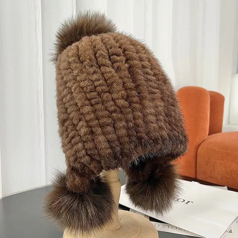 Women's Winter Mink Fur Earflap Hat With Three Fox Fur Pom Poms Thickened Warm Plush Woven Beanie Hat For Cold Weather