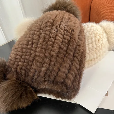 Women's Winter Mink Fur Earflap Hat With Three Fox Fur Pom Poms Thickened Warm Plush Woven Beanie Hat For Cold Weather