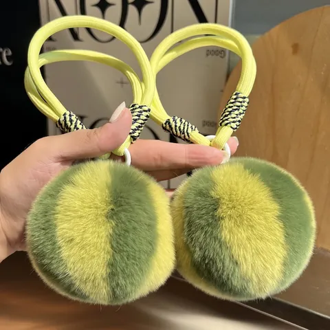 Echt Rex Konijnenbont Watermeloen Pompon Sleutelhanger Gestreept Pluizige Bal Tas Charm Handgeweven Lanyard Auto Sleutelring Rugzak Ornament Cadeau