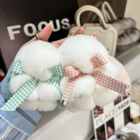 Cute Plush Bunny Keychain For Women Soft Faux Fur Rabbit Doll Bag Charm Pompom Keyring With Plaid Bowknot Accessory Jewelry