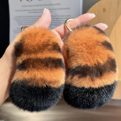 Portachiavi Fatto a Mano in Pelliccia di Coniglio Rex Coda di Tigre Peluche a Strisce Animali Ciondolo per Borsa e Auto Regalo Donna