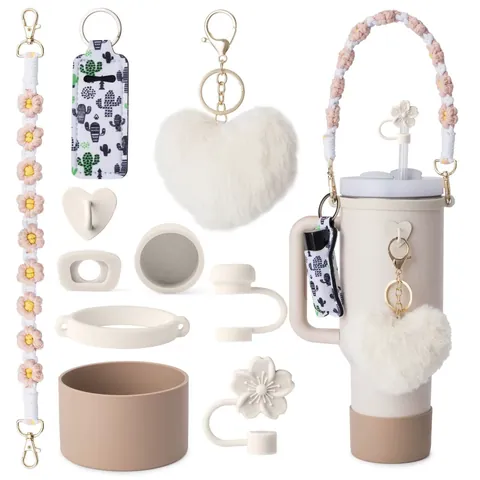 Tapa De Silicona Para Pajita Funda Protectora Para Taza Cordón De Flores Tejidas Colgante De Corazón De Peluche