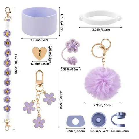 Insulated Tumbler Set With Silicone Boot Straw Cover Flower Woven Strap Heart Hook Plush Ball Charm For Large Water Bottle