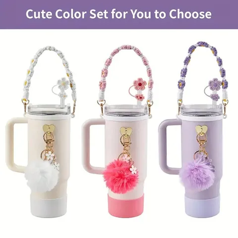 Insulated Tumbler Set With Silicone Boot Straw Cover Flower Woven Strap Heart Hook Plush Ball Charm For Large Water Bottle