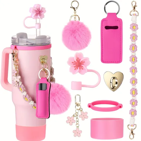 Tumbler Accessory Set With Straw Cover Fur Ball Keychain Woven Handle Lipstick Holder Silicone Boot Heart Hook Flower Decoration