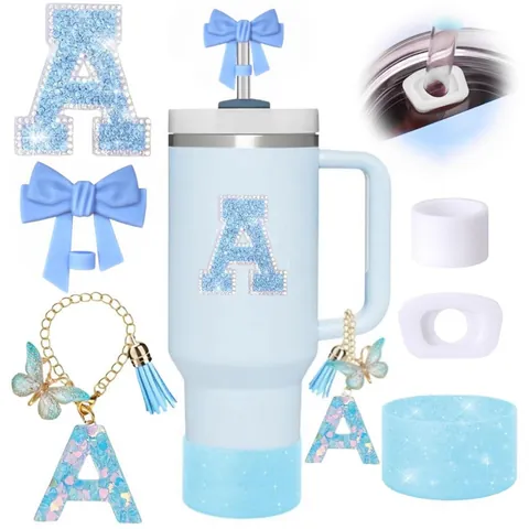 Initial Alphabet Tumbler Accessory Kit Letter Charm Bow Straw Cover Silicone Boot Rhinestone Sticker For Water Bottle