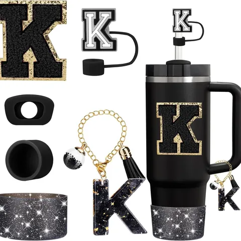 Initial Alphabet Tumbler Accessory Kit Letter Charm Bow Straw Cover Silicone Boot Rhinestone Sticker For Water Bottle