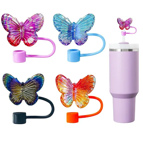 Holographic Butterfly Straw Topper Silicone Dust Cap For Reusable Straws Decorative Cup Accessories Cute Gift For Women