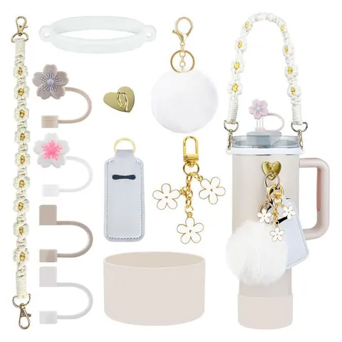 Water Bottle Accessory Set With Silicone Cup Boot Straw Cover Braided Handle Strap Floral Charms For Large Capacity Tumbler