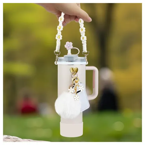 Water Bottle Accessory Set With Silicone Cup Boot Straw Cover Braided Handle Strap Floral Charms For Large Capacity Tumbler