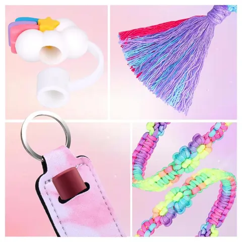Tumbler Accessories Set For Large Capacity Cup Woven Handle Silicone Boot Straw Cover Floral Charms Lipstick Holder Set