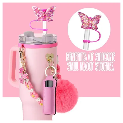 Tumbler Accessory Set With Silicone Boot Straw Cover Cap Flower Charm Lip Balm Holder Letter Pendant Heart Hook For Large Insulated Cup Decorations Girly Gift