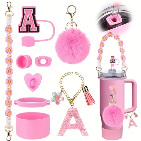 Glitter Pink Tumbler Accessory Kit With Rhinestone Letter Charms Silicone Boot Bow Straw Covers For Large Capacity Vacuum Cup